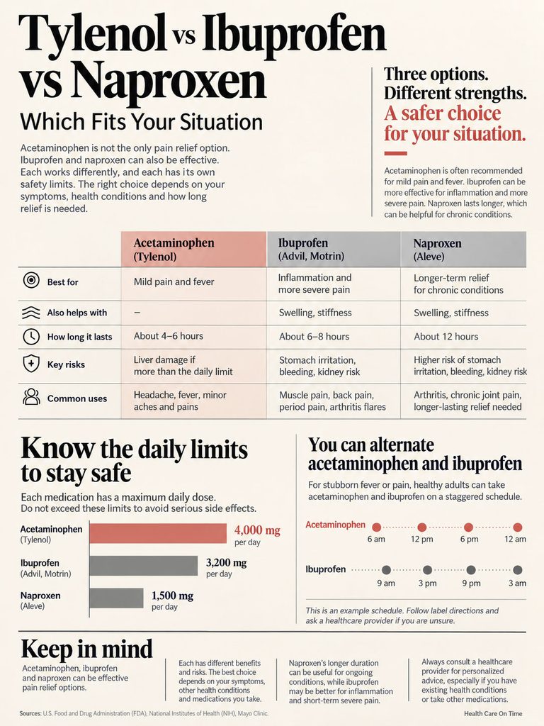 Comparison of Tylenol, Ibuprofen, and Naproxen with dosage limits and usage guidelines in an infographic format.