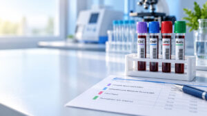 Four blood test tubes labeled CBC, CMP, Lipid, and HbA1c sit in a holder on a lab table with a report nearby.