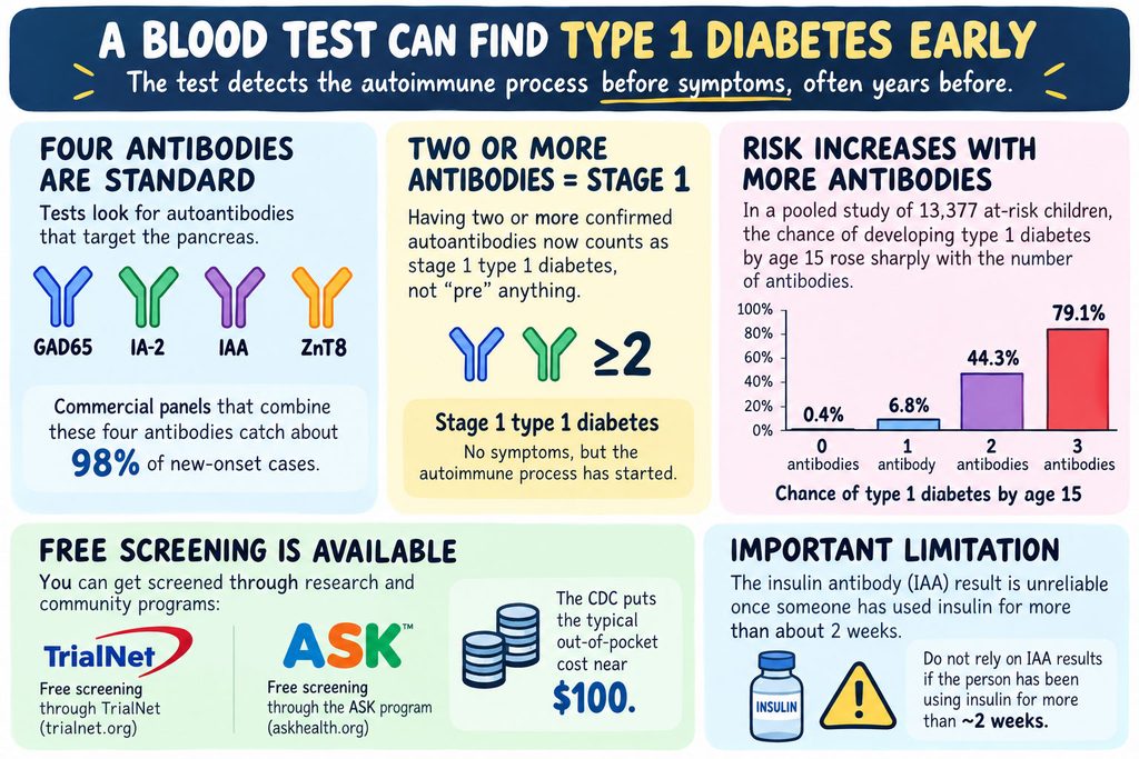Infographic showing blood test for type 1 diabetes, antibody types, risk statistics, and screening options.