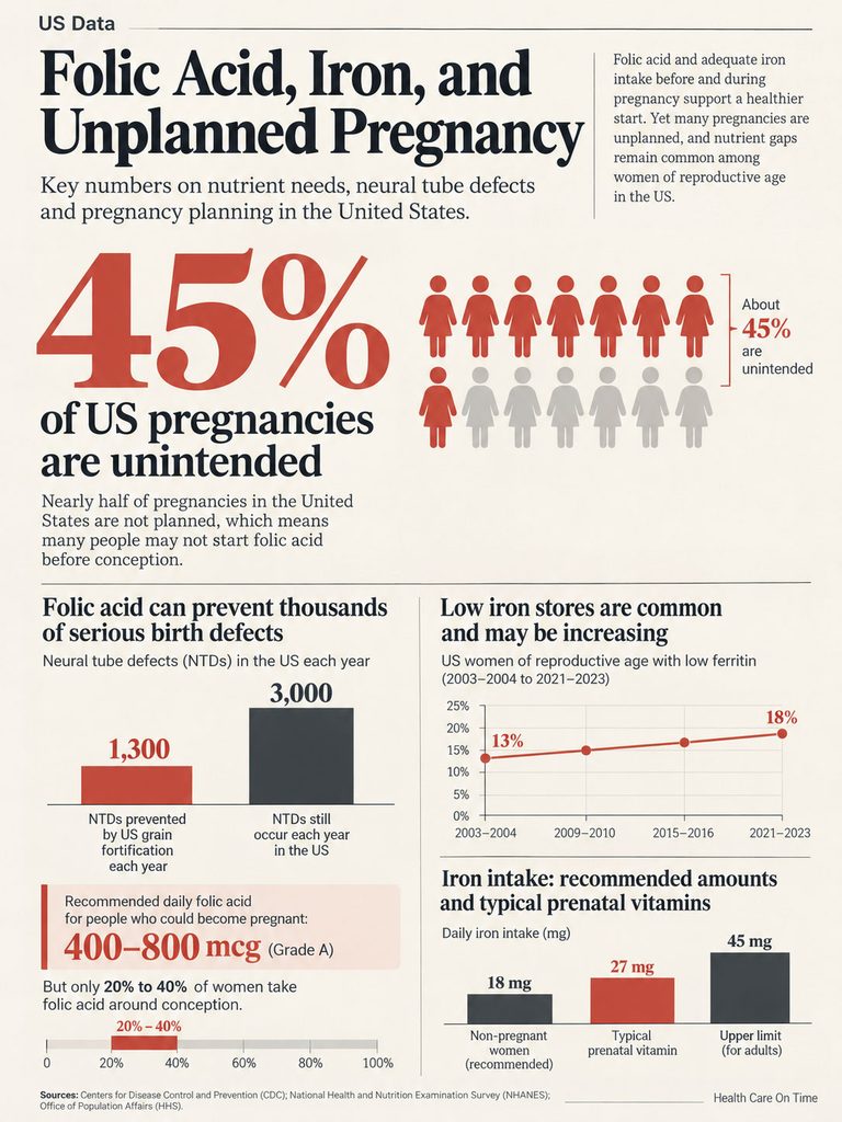 Infographic showing statistics on folic acid, iron, and unplanned pregnancies in the US, including charts and data points.