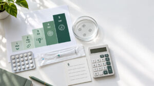 A calculator, medication, and a petri dish on a table with a fertility treatment chart in green tones.