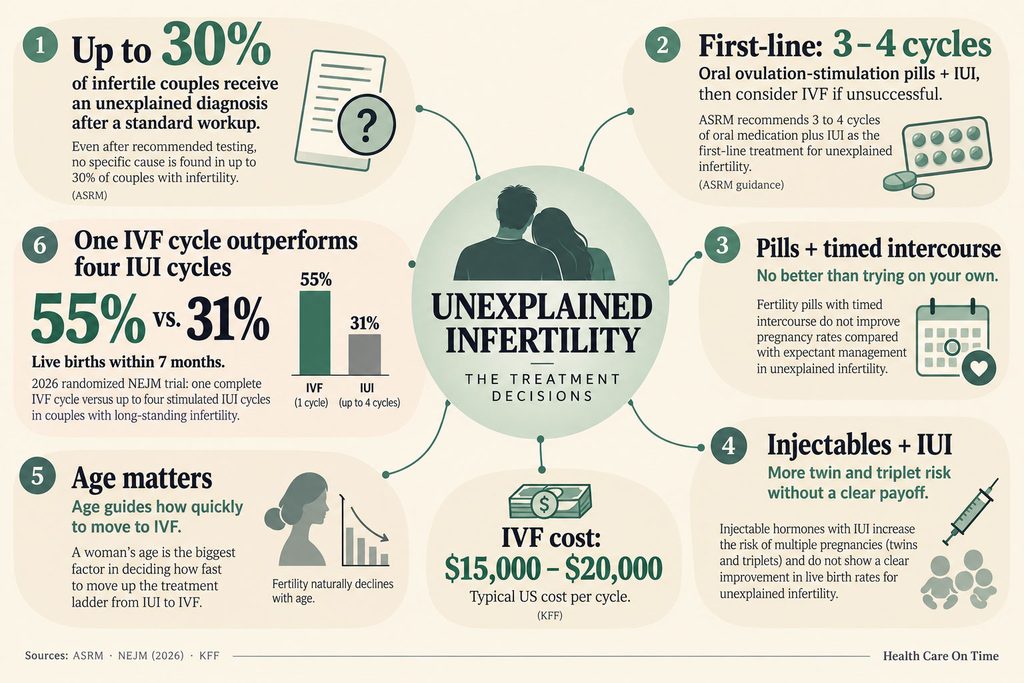 Infographic showing treatment decisions for unexplained infertility, including statistics and recommendations for IVF and IUI.