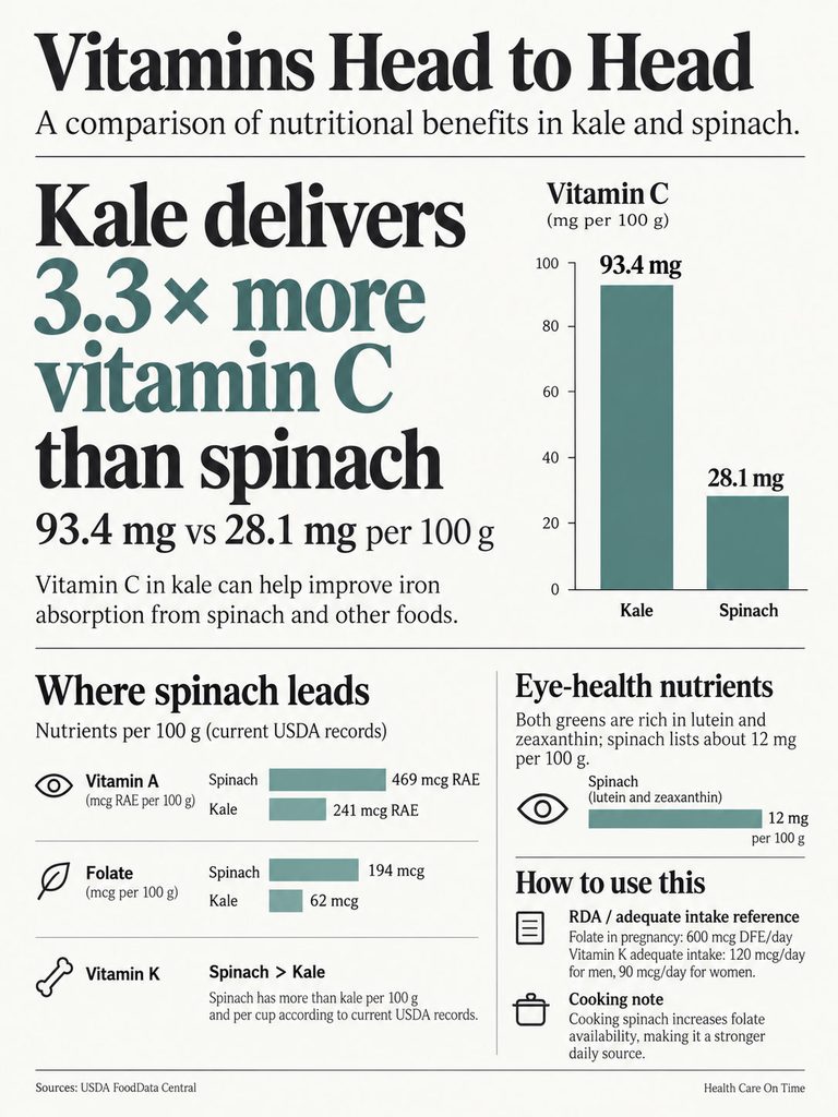 Infographic comparing nutritional benefits of kale and spinach, highlighting vitamin C, A, K, and folate content.
