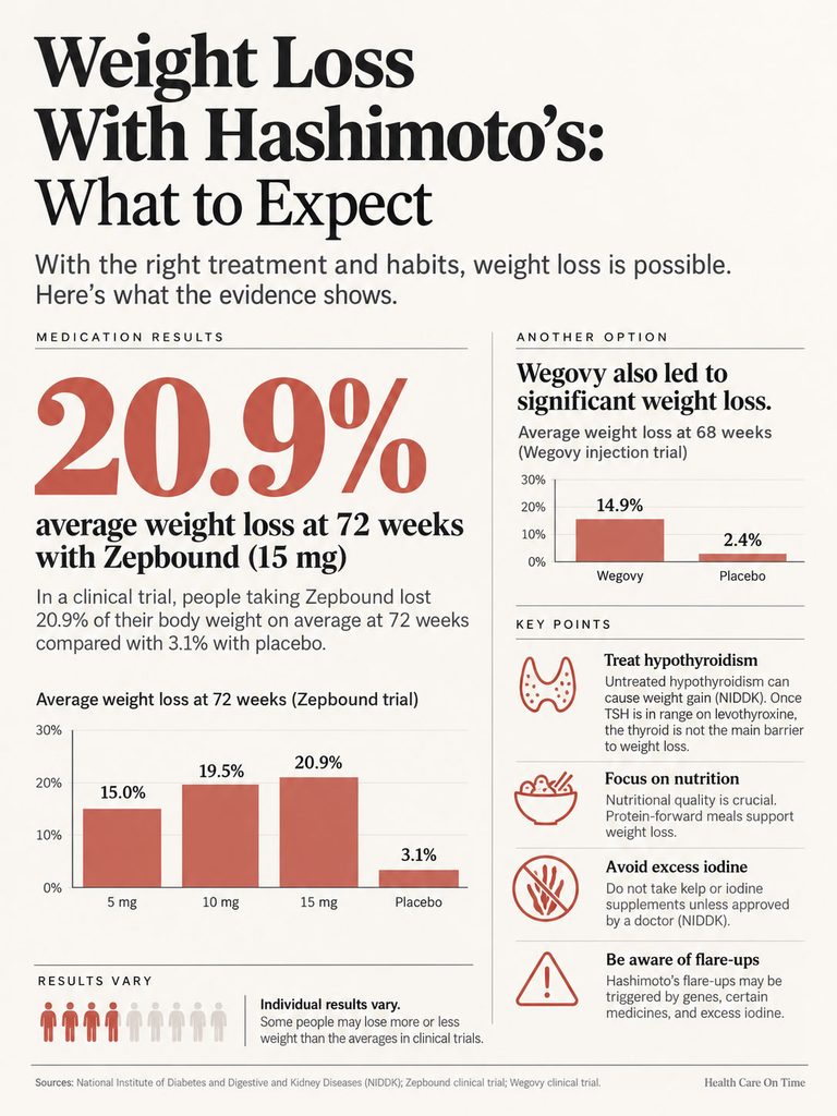 Infographic showing weight loss results for Hashimoto's patients with Zebpound and Wegovy treatments, including statistics and key points.