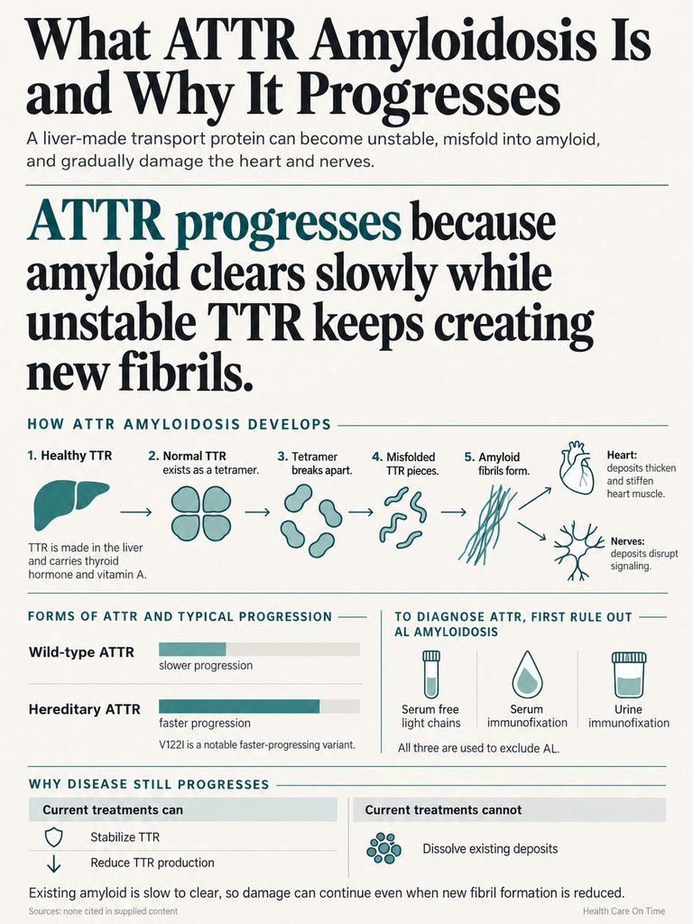 Infographic explaining ATTR amyloidosis, its progression, types, diagnosis, and treatment options.