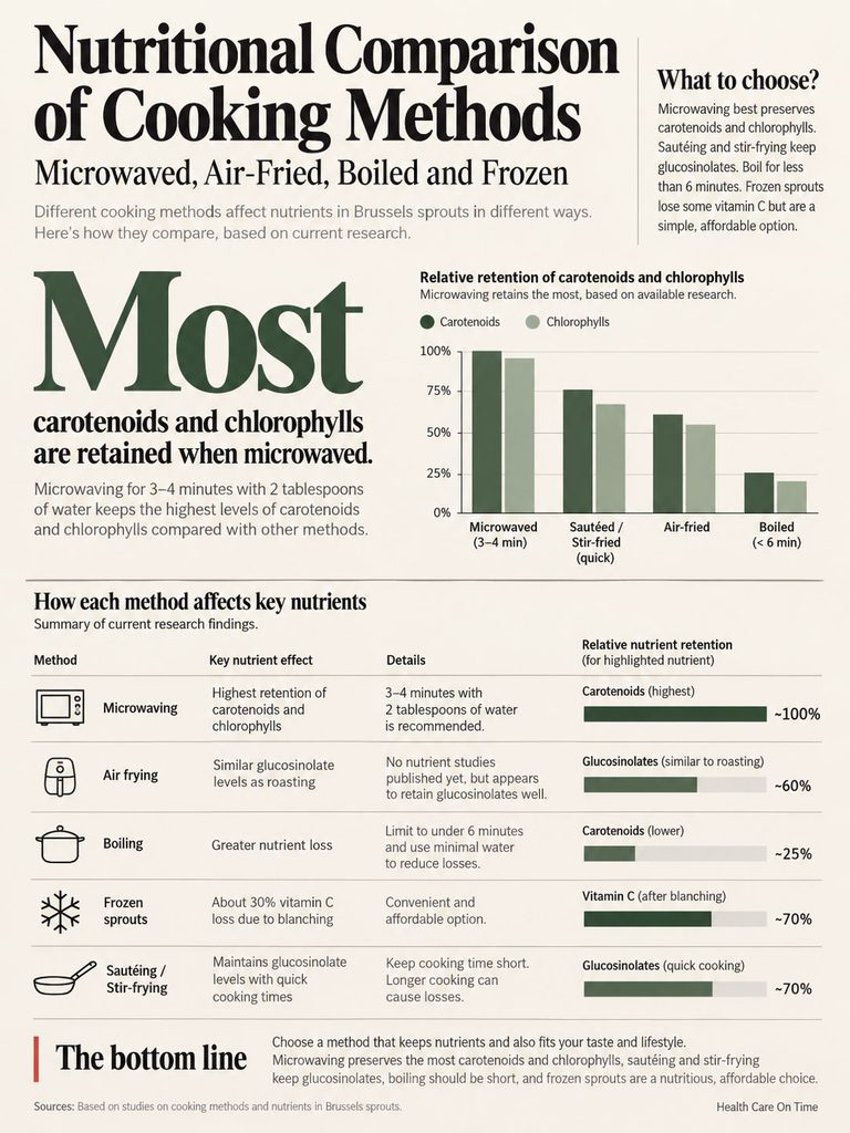 Nutritional comparison of cooking methods for Brussels sprouts showing retention of nutrients in a bar graph format. Infographic.
