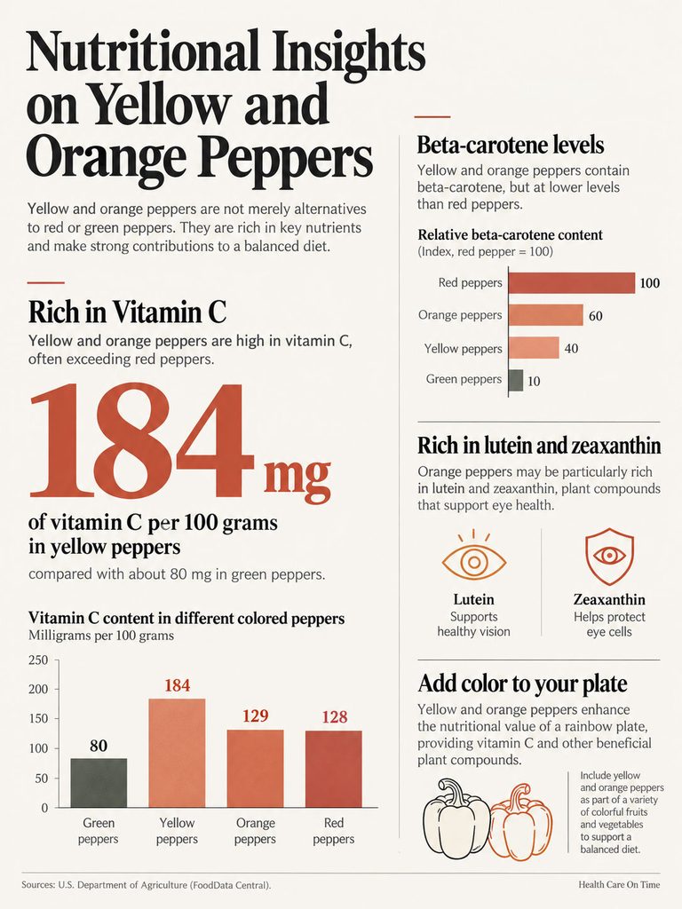 Infographic showing nutritional insights on yellow and orange peppers, highlighting vitamin C and beta-carotene levels.