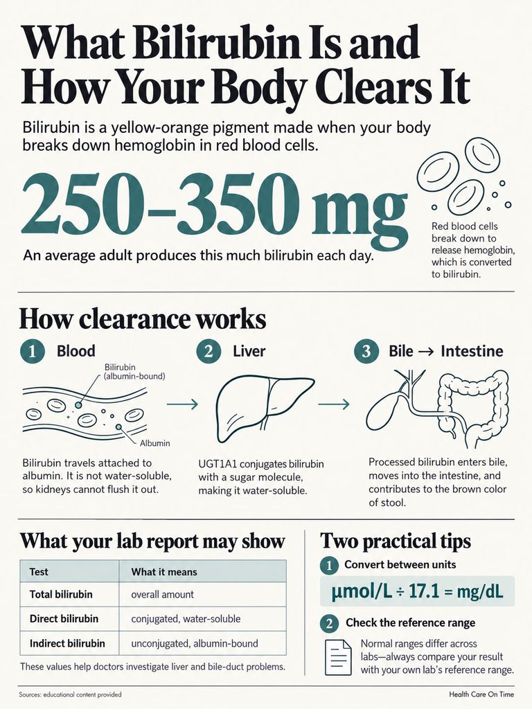 Infographic explaining bilirubin production, clearance process, and lab report interpretation with charts and illustrations.