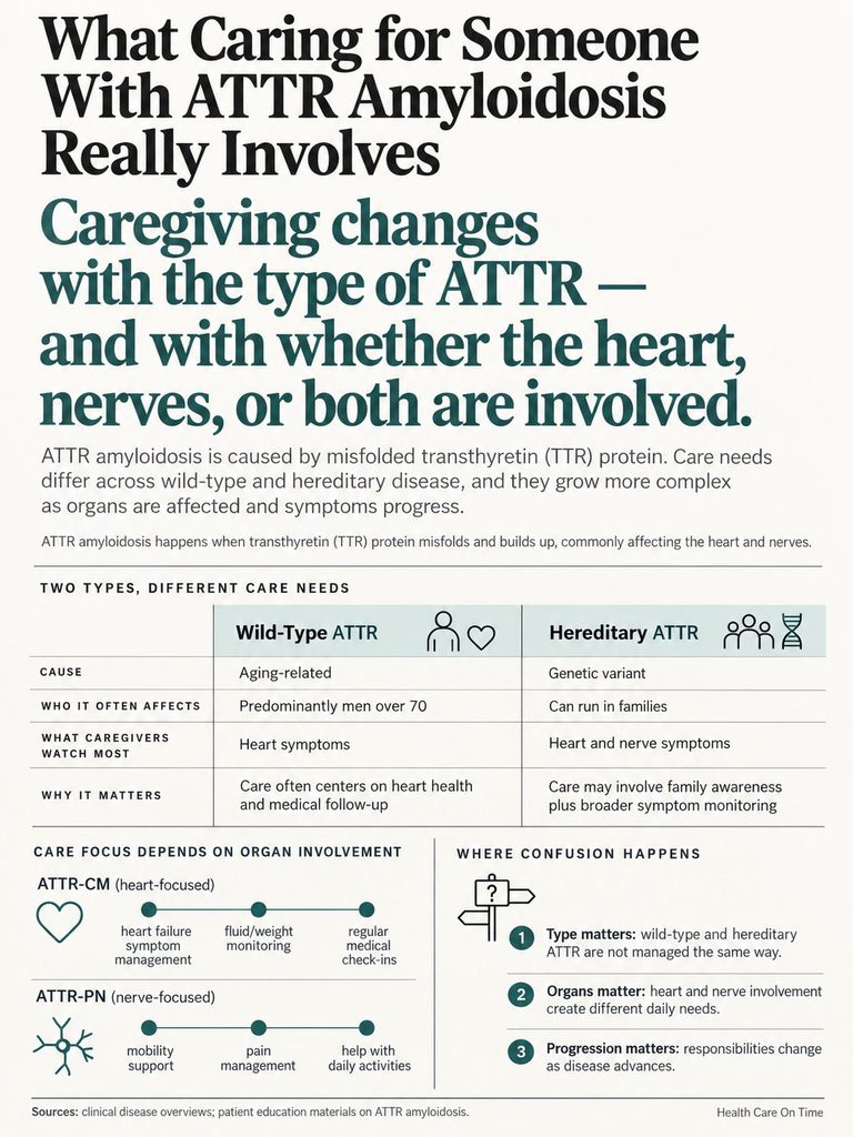 Infographic detailing caregiving for ATTR amyloidosis, highlighting wild-type and hereditary types with care needs.