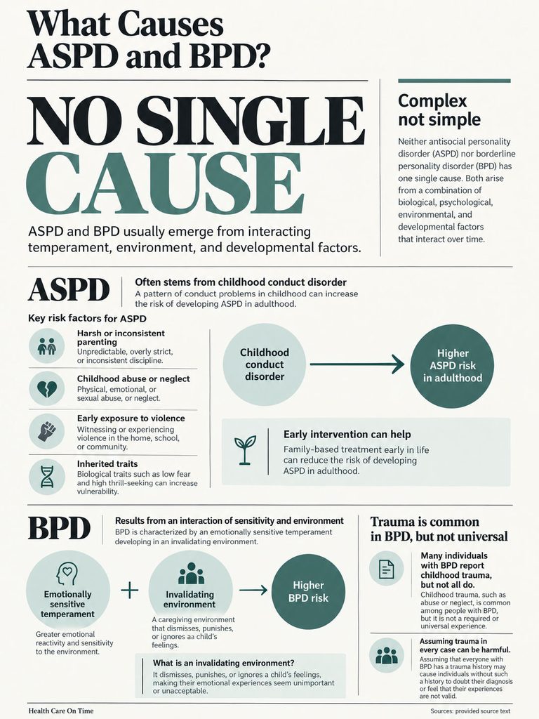 Infographic explaining causes of ASPD and BPD, highlighting risk factors and interactions between sensitivity and environment.