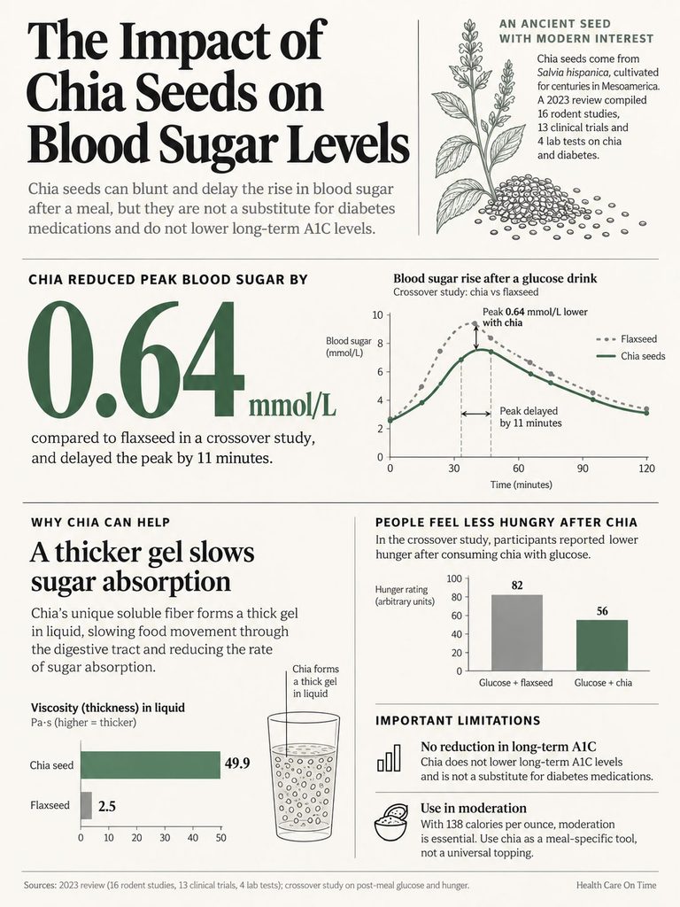 Infographic showing the impact of chia seeds on blood sugar levels, including graphs and data comparisons with flaxseed.