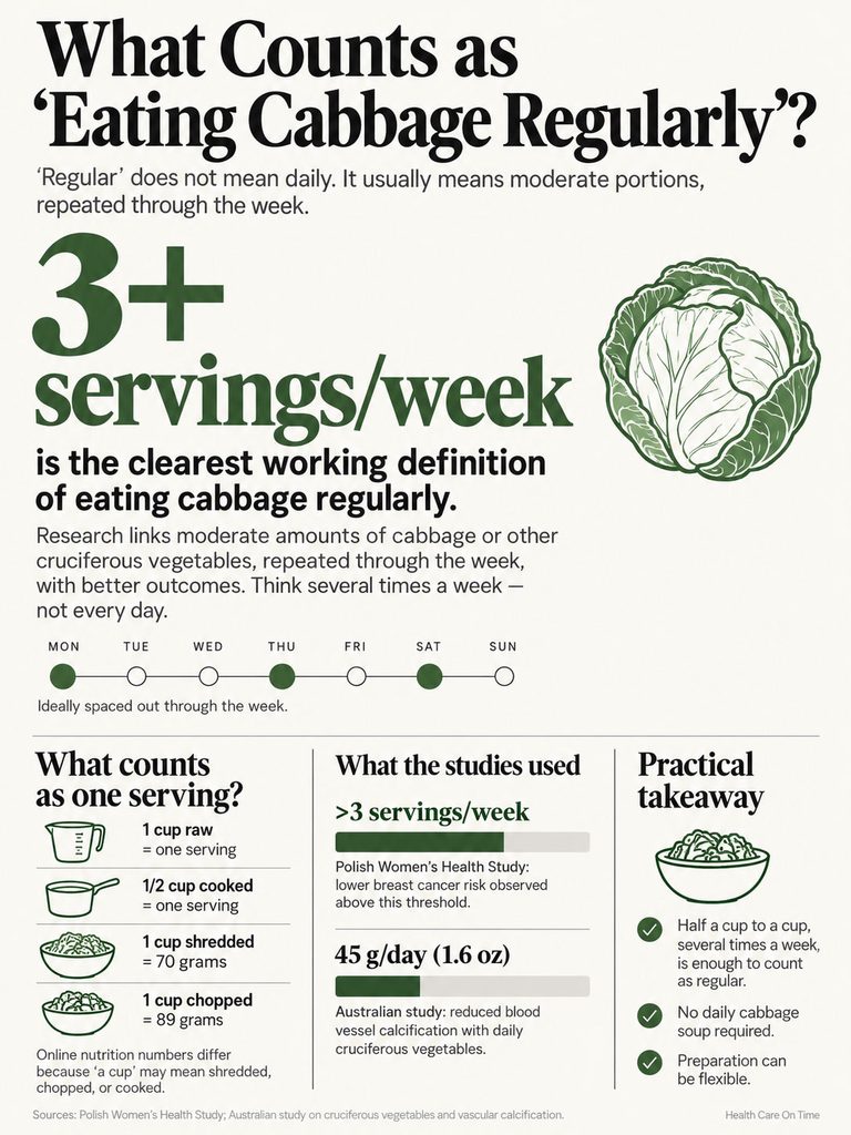 Infographic explaining eating cabbage regularly, detailing servings per week and serving sizes with illustrations.