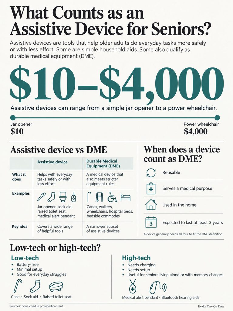 Infographic explaining assistive devices for seniors, showing costs, examples, and classifications of devices.