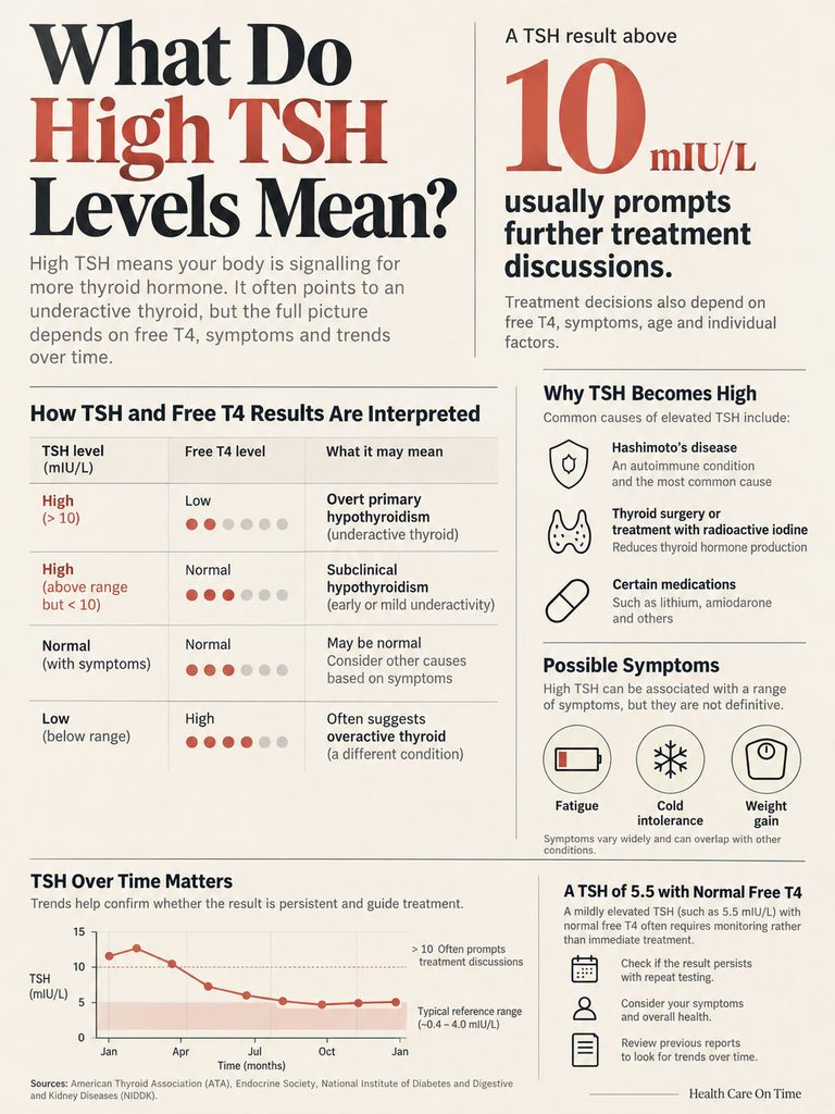 Infographic explaining high TSH levels, including interpretation of TSH and Free T4 results, symptoms, and trends over time.