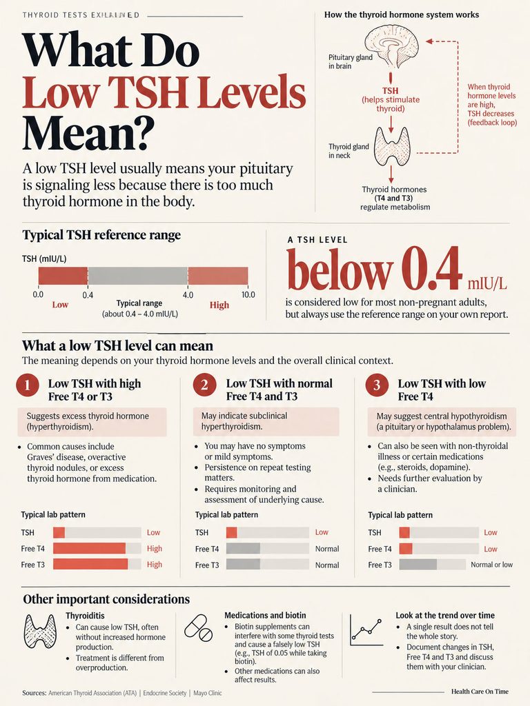 Infographic explaining low TSH levels, including charts, hormone interactions, and typical lab patterns.