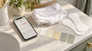 A smartphone displays a calendar app next to white underwear and panty liners on a marble countertop.