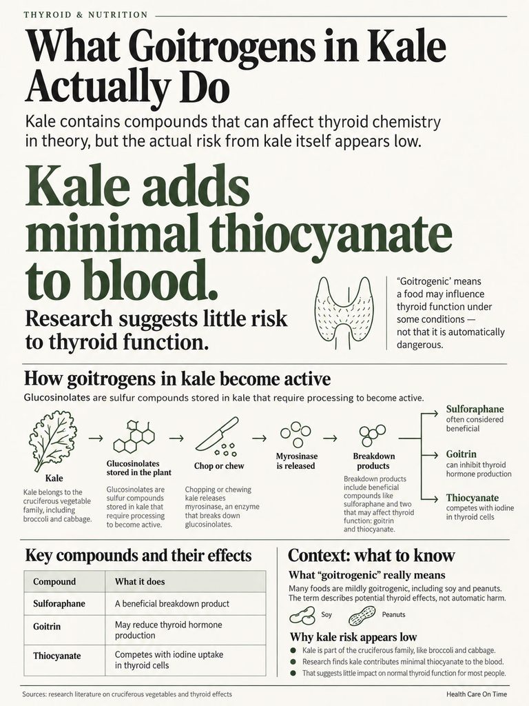 Infographic explaining goitrogens in kale, highlighting minimal thiocyanate impact on blood and thyroid function.