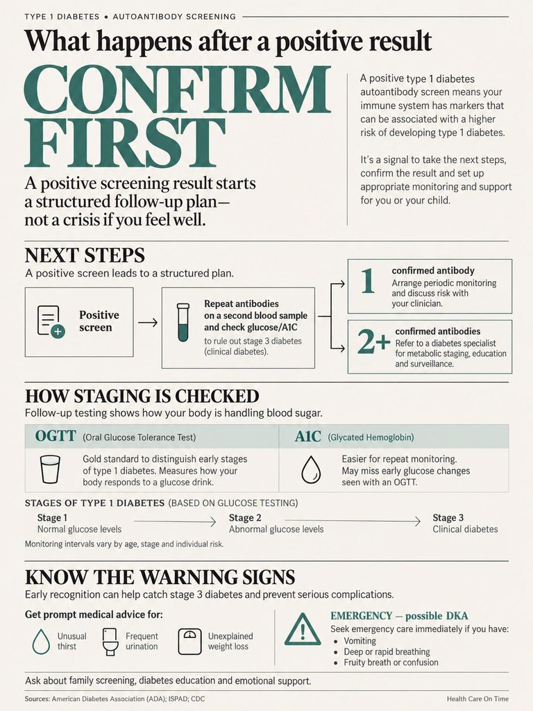 Infographic explaining steps after a positive type 1 diabetes screening, including tests and warning signs.