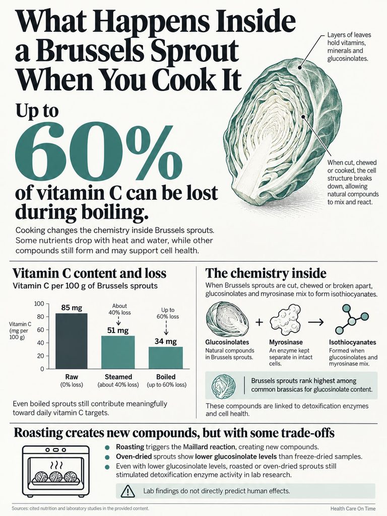 Infographic showing vitamin C loss in Brussels sprouts during cooking with charts and illustrations of nutrients and chemistry.