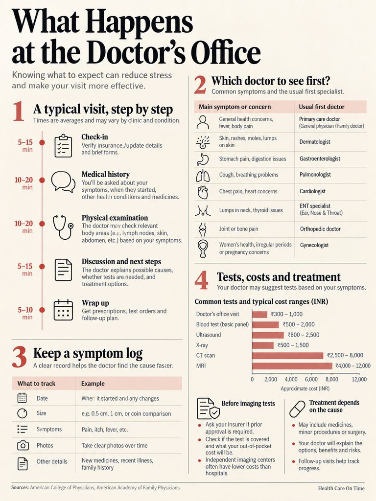 Infographic detailing steps of a doctor's visit, symptoms, and typical costs for tests and treatments.