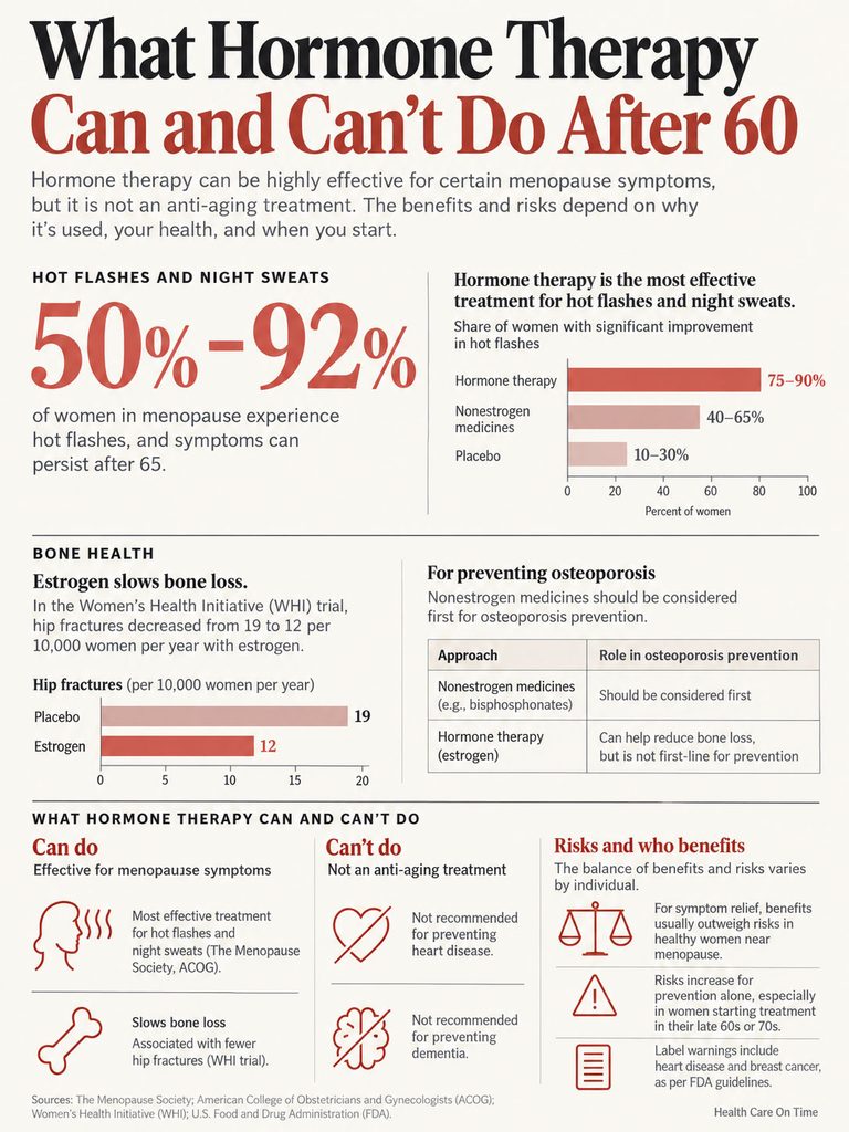 Infographic showing hormone therapy effects on menopause symptoms, including charts on hot flashes and bone health statistics.