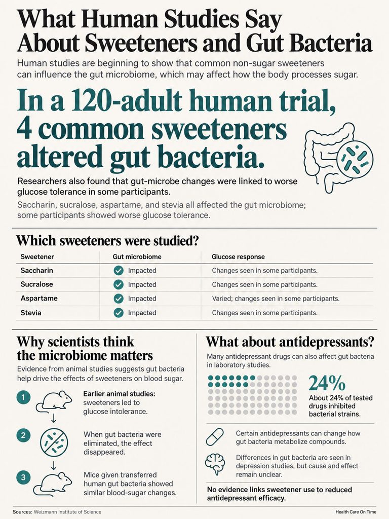 Infographic showing the impact of sweeteners on gut bacteria, including data on saccharin, sucralose, aspartame, and stevia.