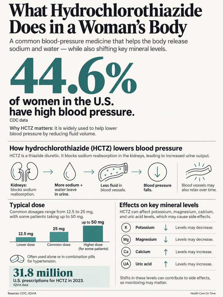 Infographic explaining hydrochlorothiazide effects on women, showing statistics and mineral impacts on health.