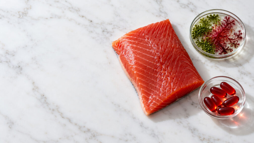 Fresh salmon fillet next to seaweed and red capsules on a marble surface.