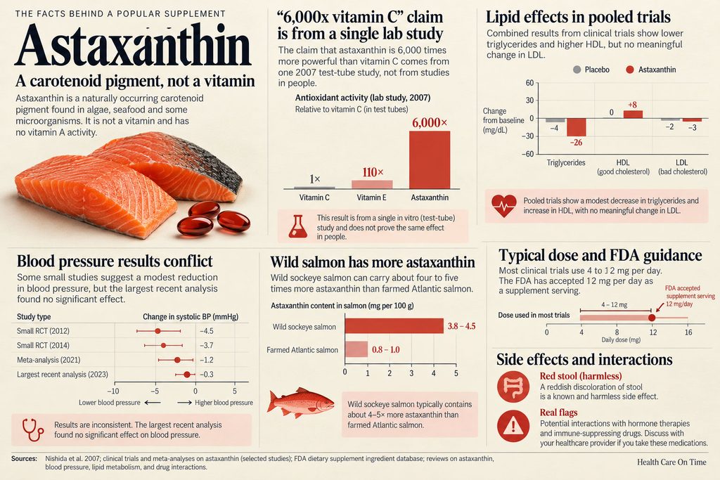 Infographic explaining astaxanthin, its benefits, studies, and comparisons with salmon types and blood pressure effects.
