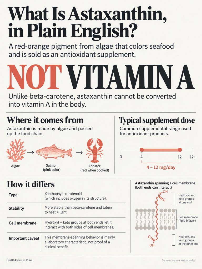 Infographic explaining astaxanthin, its sources, differences from vitamin A, and typical supplement dosage.