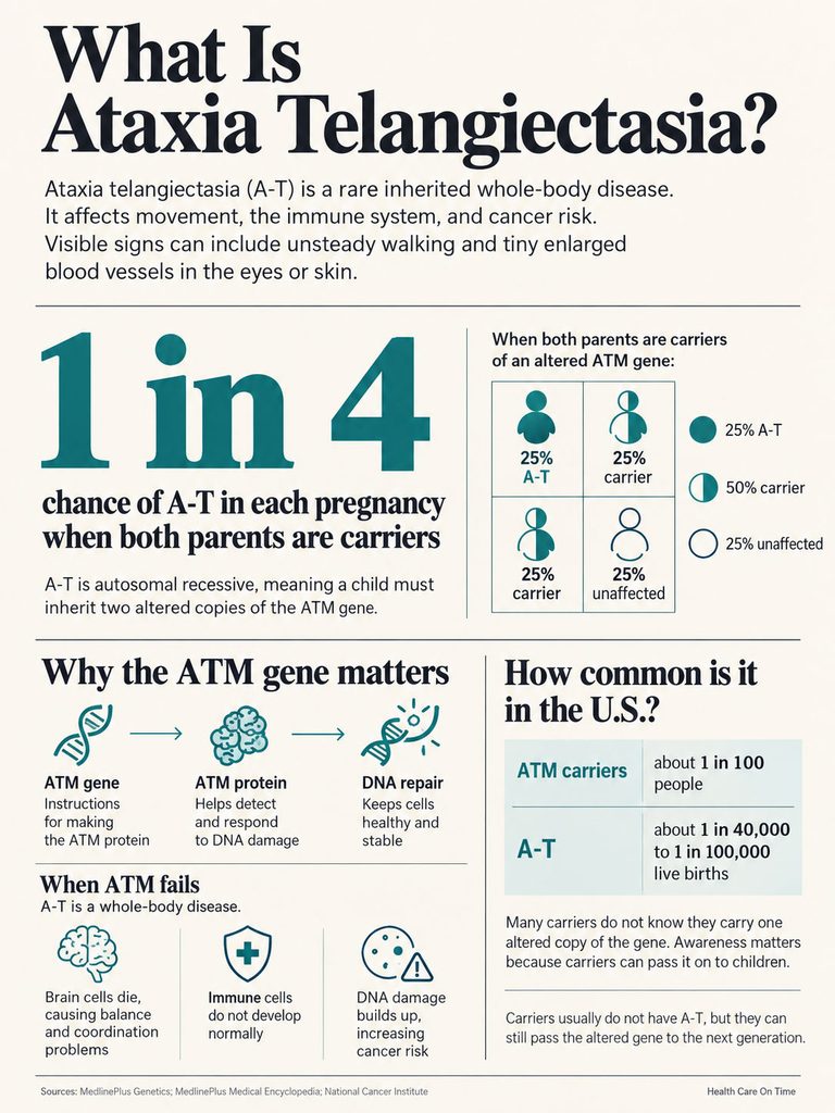 Infographic explaining Ataxia Telangiectasia, including statistics, gene functions, and health impacts.