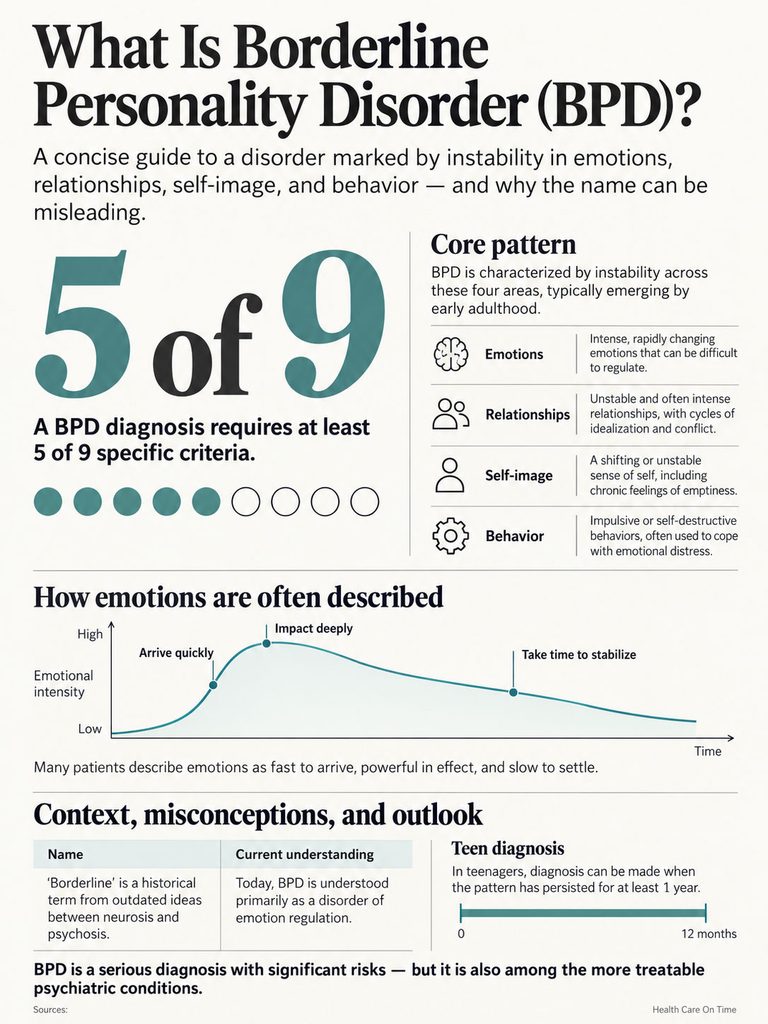 Infographic explaining Borderline Personality Disorder with statistics, emotional intensity graph, and key characteristics.