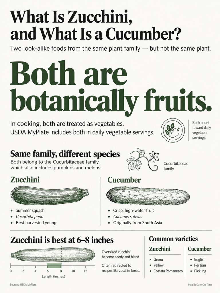 Infographic comparing zucchini and cucumber, detailing their botanical classification, uses, and varieties.