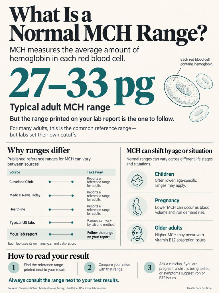 Infographic explaining normal MCH range, showing 27-33 pg, with details on variations and how to read results.