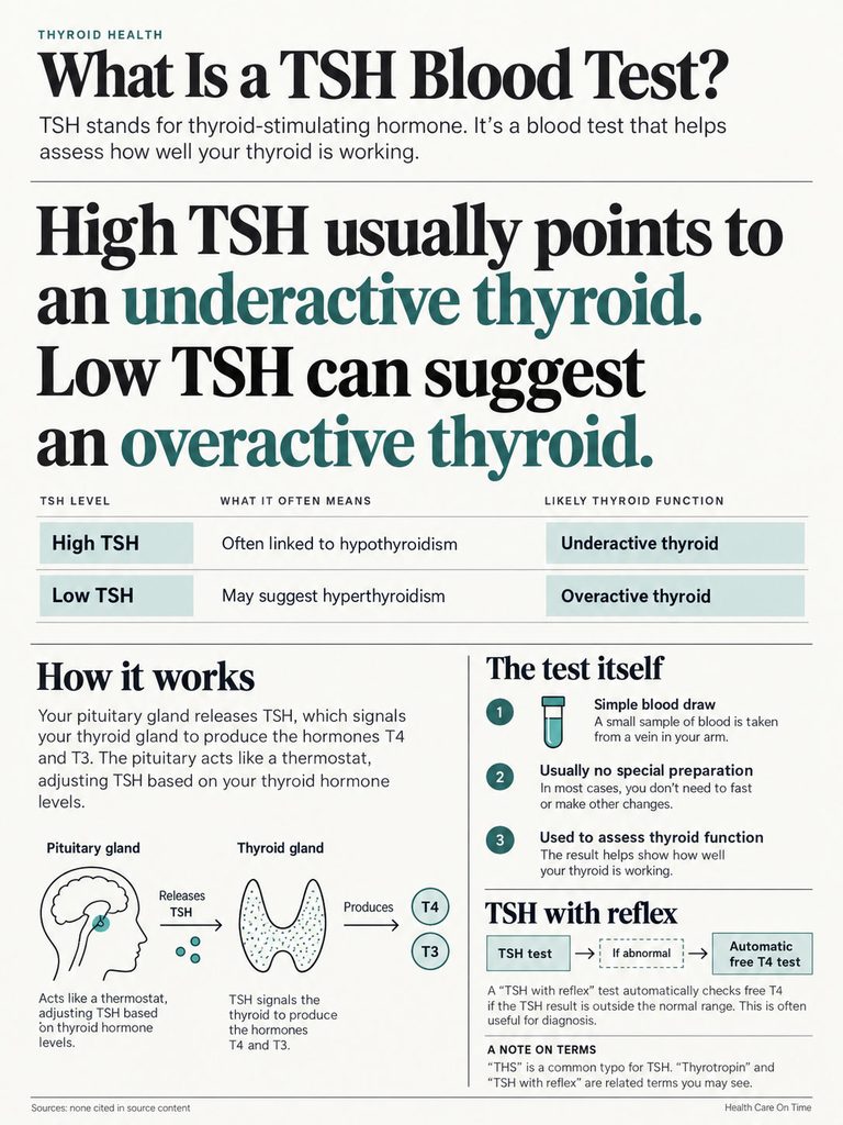 Infographic explaining TSH blood test, showing TSH levels, meanings, thyroid function, and test process.