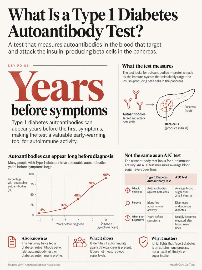 Infographic explaining Type 1 diabetes autoantibody test, showing key points, graphs, and comparison with A1C test.