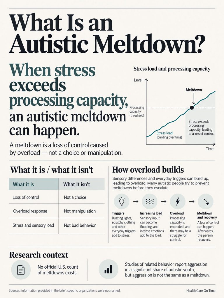 Infographic explaining autistic meltdowns, including stress load graph, definitions, and triggers.