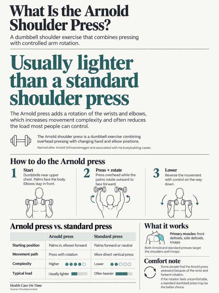 Infographic explaining the Arnold shoulder press exercise with steps, comparisons, and muscle targets.