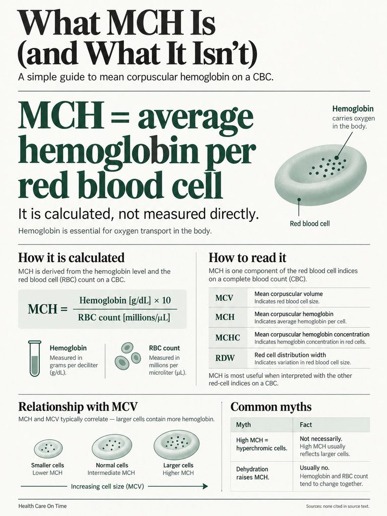 Infographic explaining mean corpuscular hemoglobin (MCH) with calculations, relationships, and common myths.