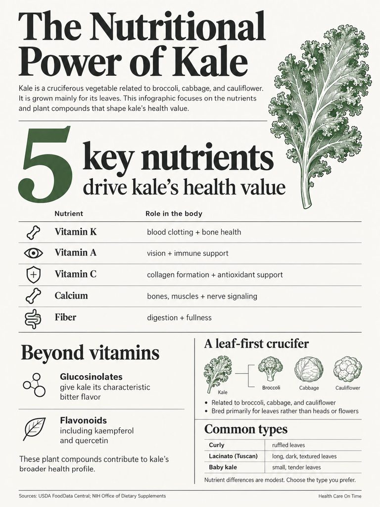 Infographic detailing the nutritional power of kale, highlighting key nutrients and their roles in health.