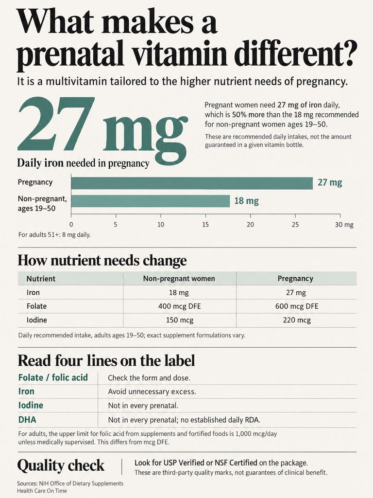 Infographic explaining prenatal vitamin differences, featuring iron needs and nutrient changes during pregnancy.