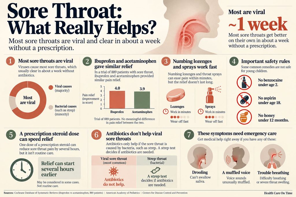 Infographic on sore throat remedies showing viral vs bacterial causes, pain relief options, and safety rules.