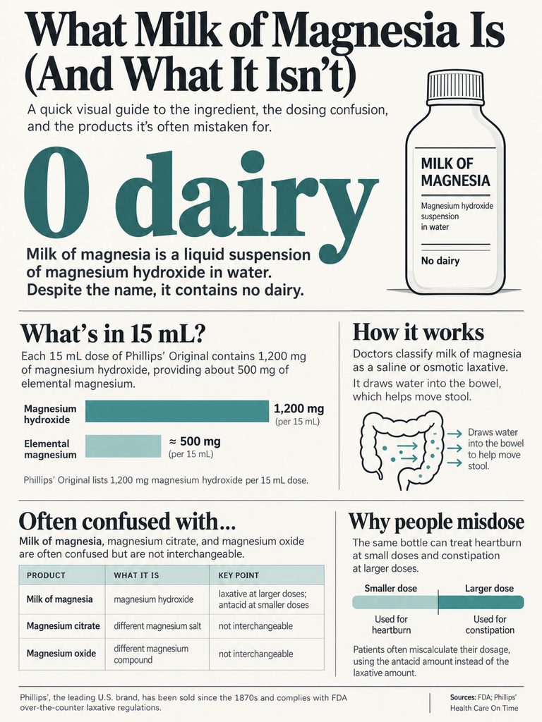 Infographic explaining Milk of Magnesia, its ingredients, dosing, and confusion with other products.