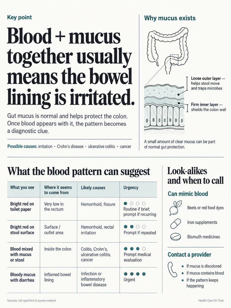 Infographic explaining blood and mucus in stool, causes, urgency, and look-alikes with illustrations and charts.