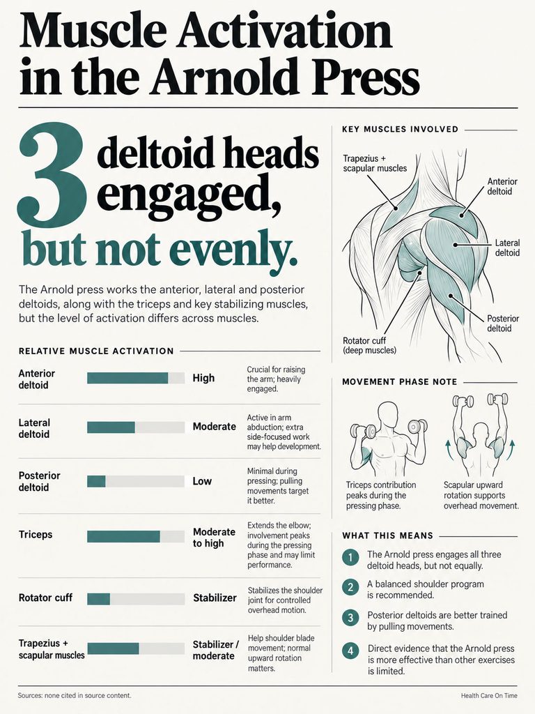 Infographic showing muscle activation in the Arnold press, detailing deltoid engagement levels and key muscles involved.