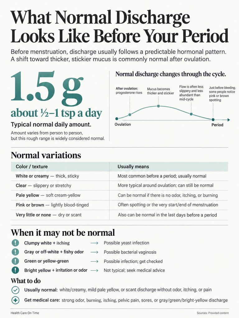 Infographic detailing normal discharge before menstruation, including color variations and daily amount.