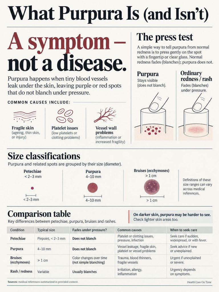 Infographic explaining purpura as a symptom, detailing causes, classifications, and comparison with other conditions.