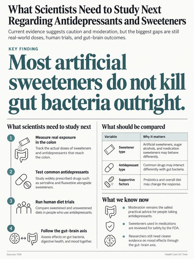 Infographic detailing studies on antidepressants and sweeteners, highlighting key findings and research steps.
