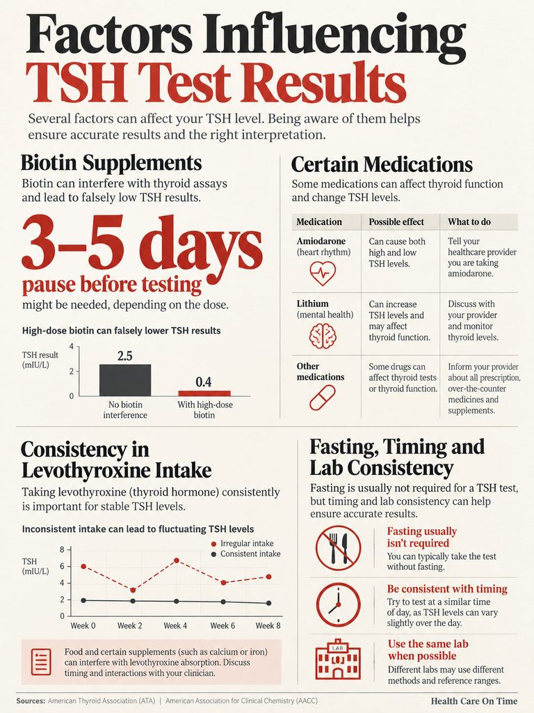 Infographic showing factors influencing TSH test results, including biotin, medications, and testing consistency.