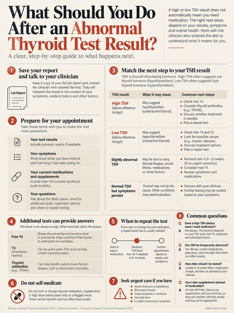 Infographic detailing steps after an abnormal thyroid test result, including TSH levels and next actions.